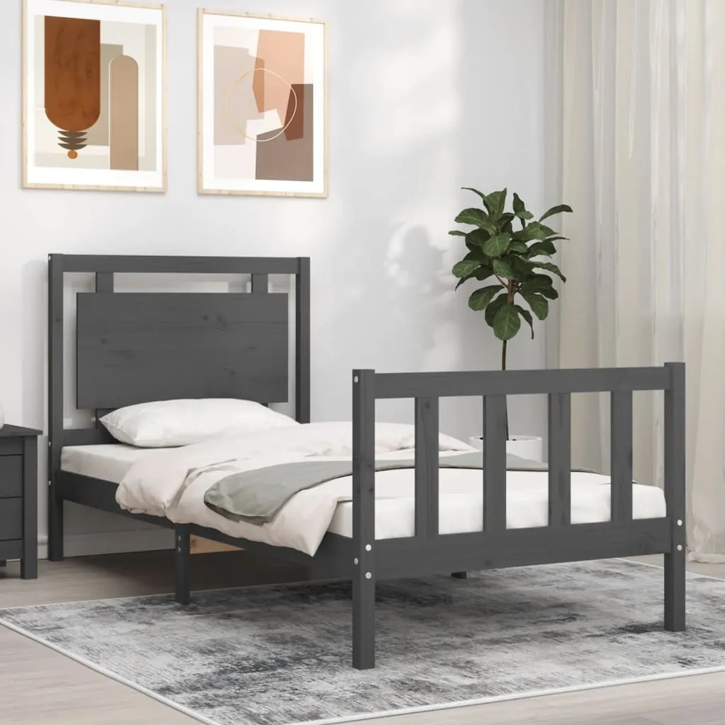 Estrutura de cama com cabeceira 90x190 cm madeira maciça cinza