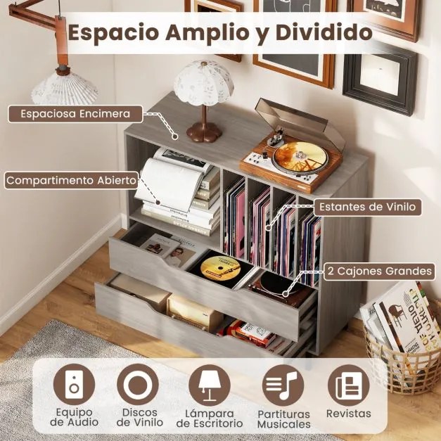 Suporte para gira-discos e para discos de vinil 91 x 36 x 87 cm com compartimento aberto 4 prateleiras e 2 gavetas e pés de metal cinzento
