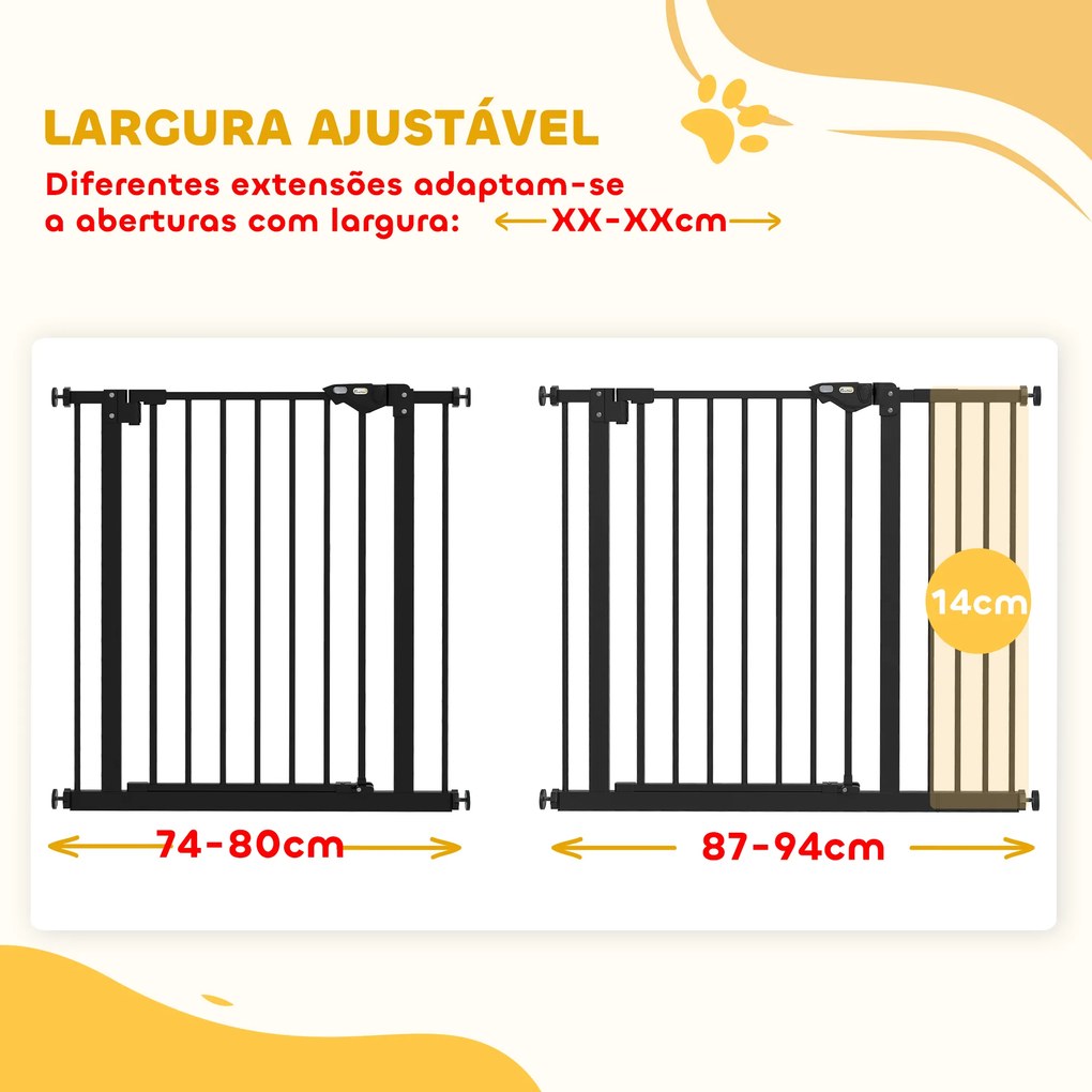 Barreira de Segurança de Cães para Escadas e Portas 74-94 cm com 1 Extensão Fechamento Automático e Sistema de Duplo Bloqueio Aço Preto