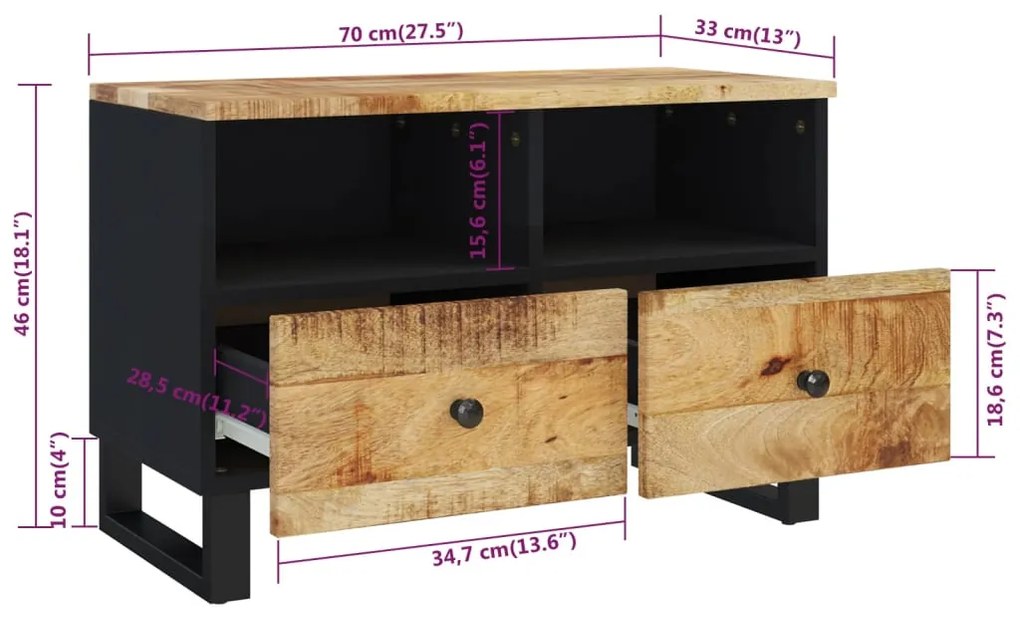 Móvel de TV 70x33x46 cm madeira de mangueira maciça