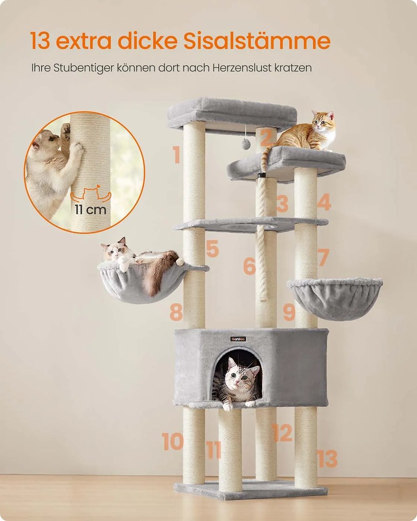 Arranhador para gatos com vários andares 55 x 55 x 186,7 cm Cinzento + Creme