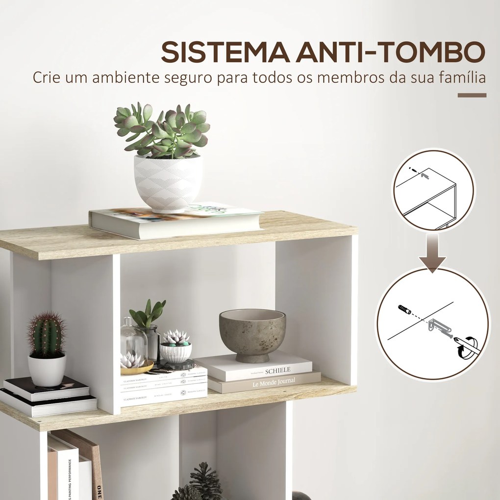Estante para Livros Estilo Nórdico Estante com 5 Prateleiras Anti-Tombo Carga 25 kg 70x29,5x163 cm Branco e Madeira