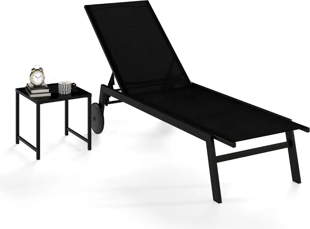 Conjunto de Espreguiçadeira jardim e Mesa de vidro temperado com Encosto ajustável com Rodas para jardim e exterior Preto