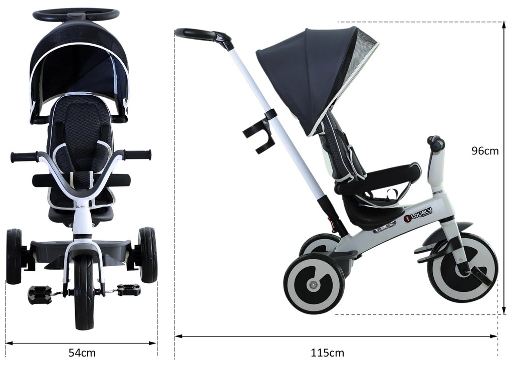HOMCOM triciclo bebê 4 em 1 s para crianças +18 meses Evolutivo capuz Barra Destacável Controle Parental Brinquedo de aprendizagem Cinza