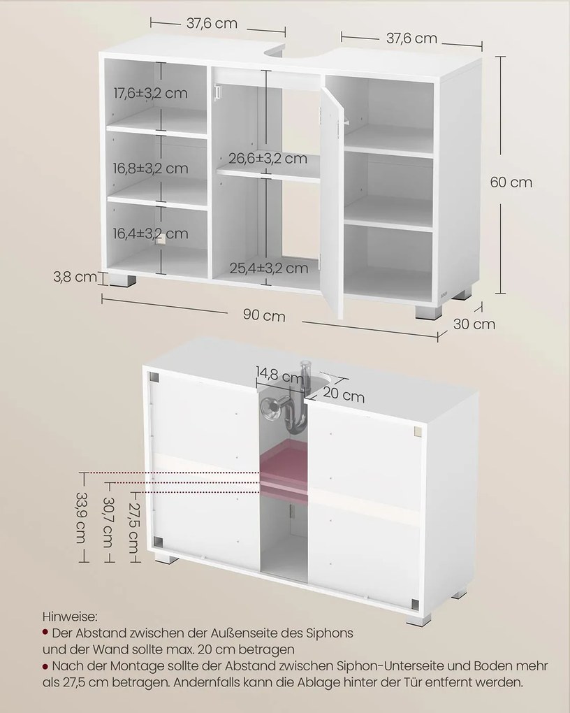 Armário para lavatório (NÃO INCLUIDO) com prateleiras ajustáveis 30 x 90 x 60 cm Branco