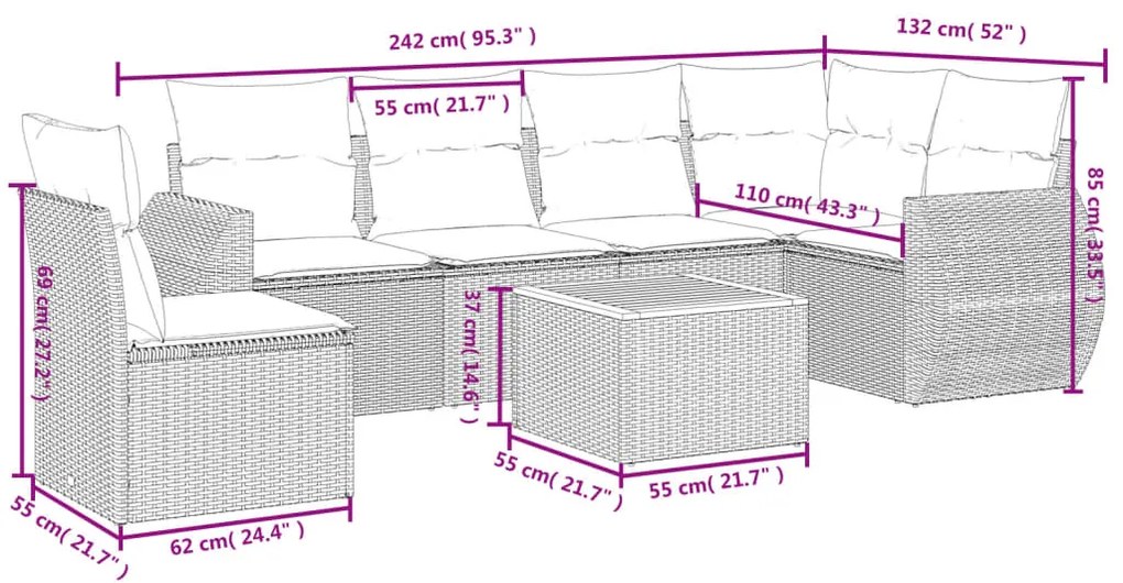 7 pcs conjunto sofás p/ jardim c/ almofadões vime PE cinzento