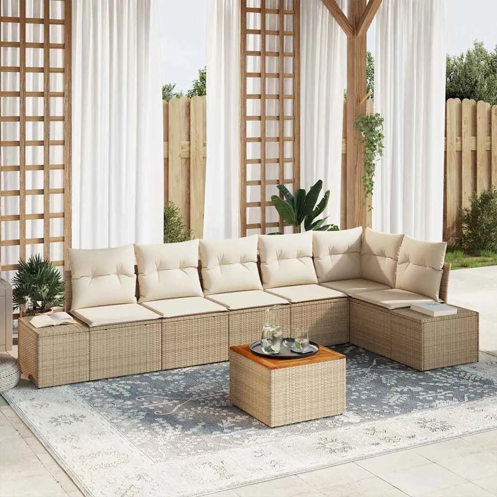 vidaXL Conjunto de Sofá de Jardim de 7 Peças com Almofadas Bege de Rattan Sintético de Acácia