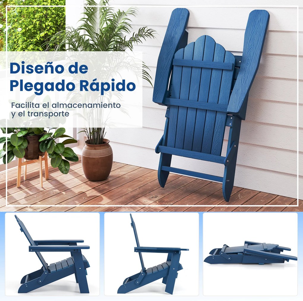 Conjunto de 2 cadeiras Adirondack dobráveis com braços largos, encosto inclinado, assento em ripas e capacidade para 180 kg, para terraço ou pátio, az