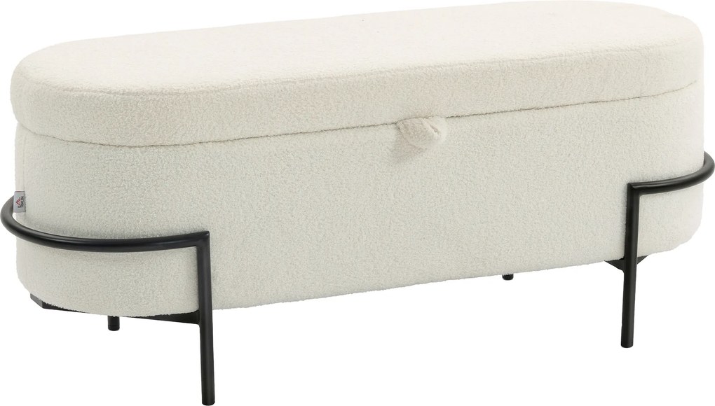 HOMCOM Banco de armazenamento, banco com tampa e compartimento, pernas de aço, banco estofado com revestimento de fleece, Creme branco | Aosom Portugal