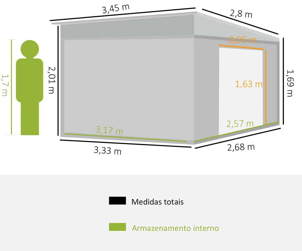 Abrigo de Jardim 8,9 m² 280x345x201 cm Abrigo de Exterior de Aço para Armazenamento com Portas e 2 Janelas Cinza