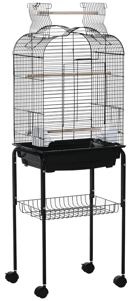 PawHut Gaiola para Passáros com Suporte Gaiola com 4 Rodas Teto com Abertura 2 Comedouros 3 Poleiros Bandeja Removível e Prateleira Inferior 46x36x130cm Preto