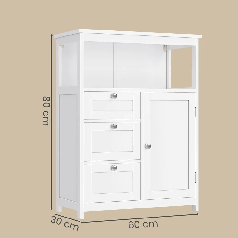 Armário de casa de banho 30 x 60 x 80 cm com 3 gavetas e prateleira ajustável Branco