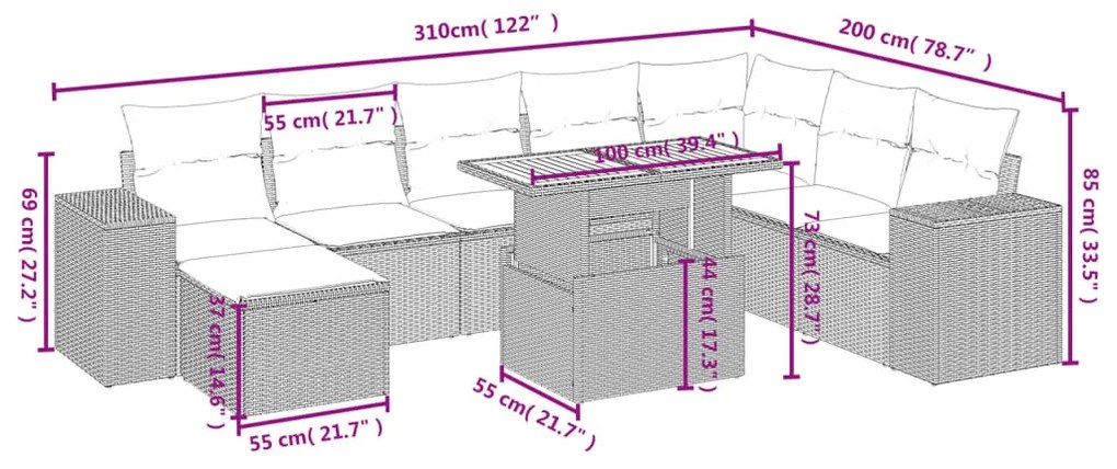 9 pcs conjunto de sofás p/ jardim com almofadões vime PE bege