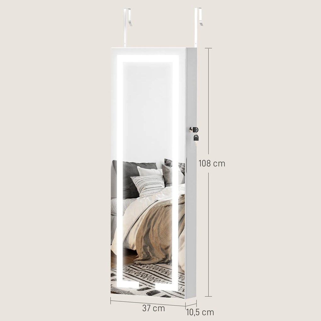 Espelho Joalheiro de Parede com Luzes LED e Fechadura para Pendurar na Parede ou na Porta 37x10,5x108 cm Branco