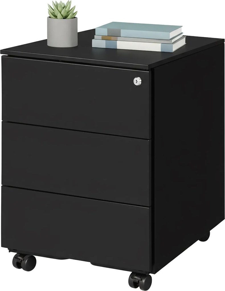Bloco com 3 gavetas com rodas para escritório 45 x 39 x 55 cm Preto mate