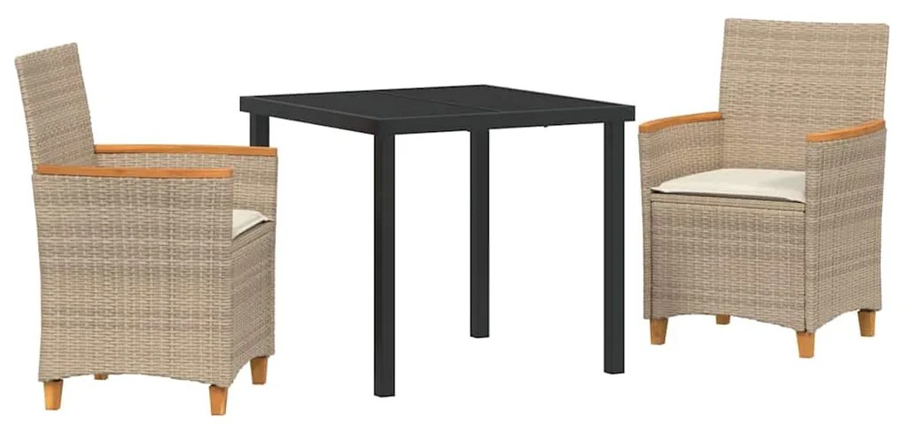 Conjunto de Jantar de Jardim de 3 Peças com Almofadas em Bege, Rattan