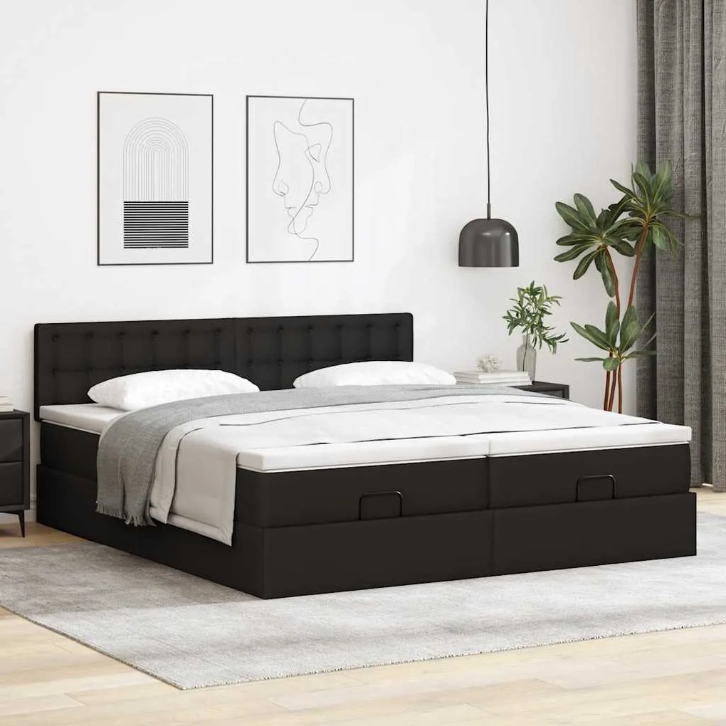 Estrutura de cama otomana com colchões pele artificial preta