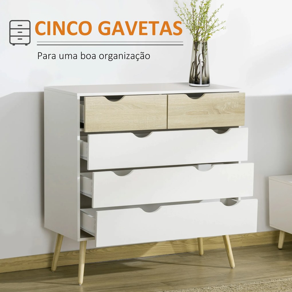 Cómoda com 5 Gavetas Cómoda de Quarto com Pés de Madeira Estilo Nórdico 99x39x101 cm Branco e Carvalho