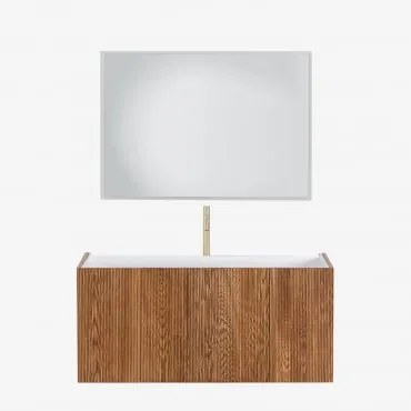 Conjunto De Móvel De Casa De Banho Suspenso 120x50 Cm Em Madeira Com Lavatório Integrado Fiore Castanho Fresno & Led Retangular - Sklum