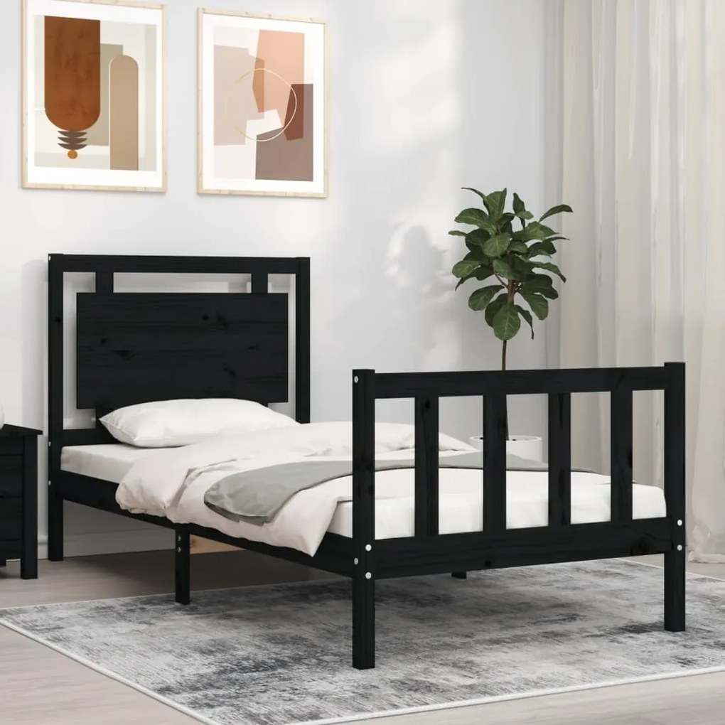 Estrutura de cama com cabeceira 100x200 cm madeira maciça preto