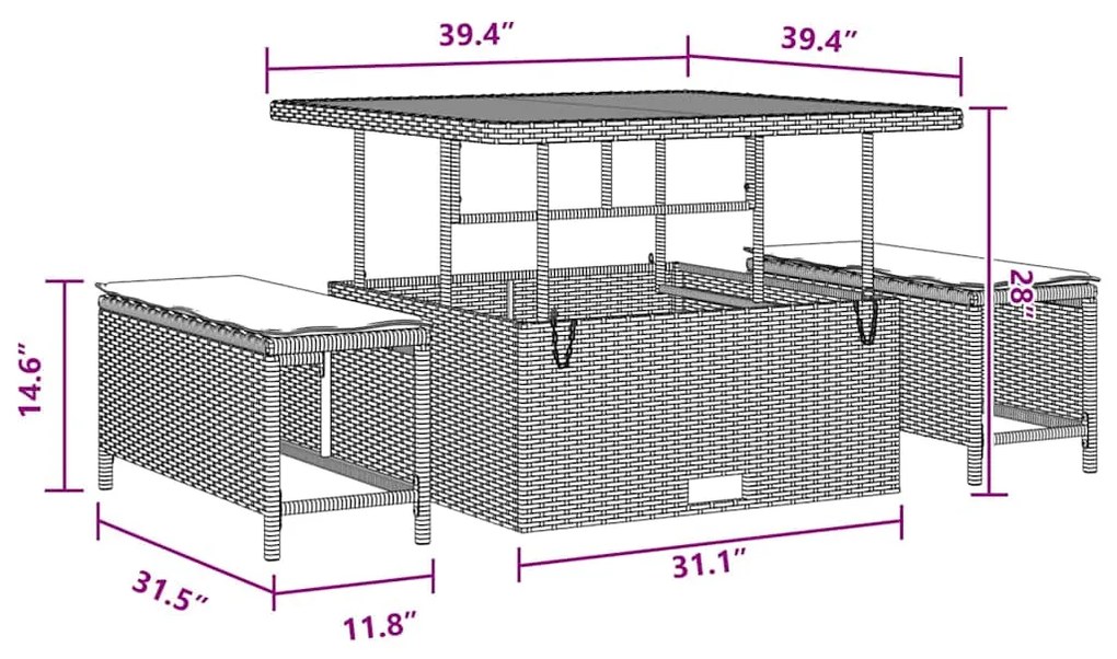 Conjunto de Sofá de Jardim com 11 Peças e Almofadas Pretas em Rattan d