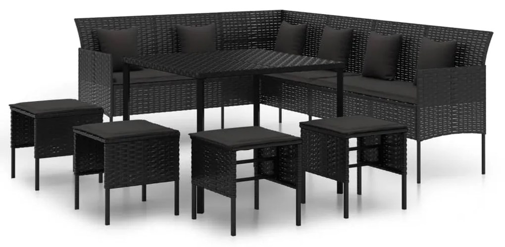 6 pcs conjunto de jantar p/ jardim c/ almofadões vime PE preto