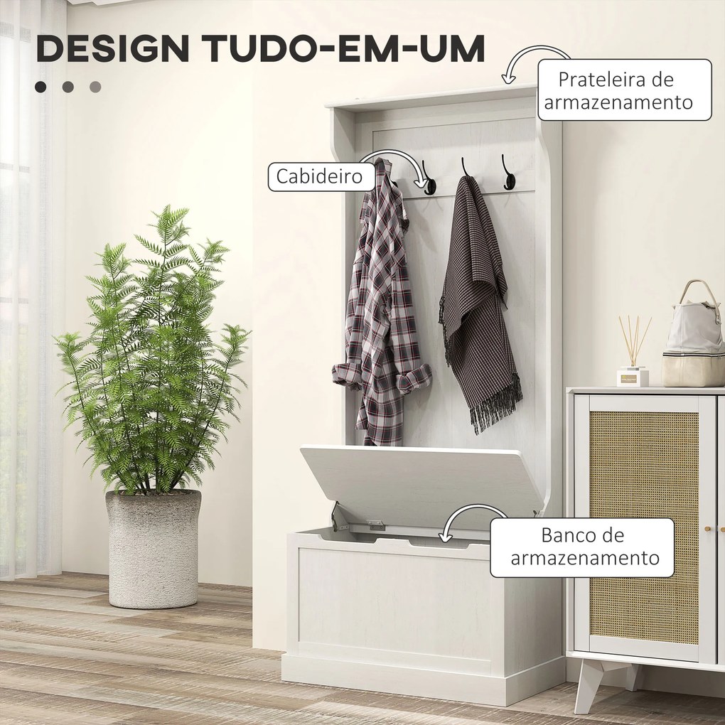 Móvel de Entrada com Cabide, Banco e Arrumação Branco Moderno 71,5x39,5x170 cm Branco vintage