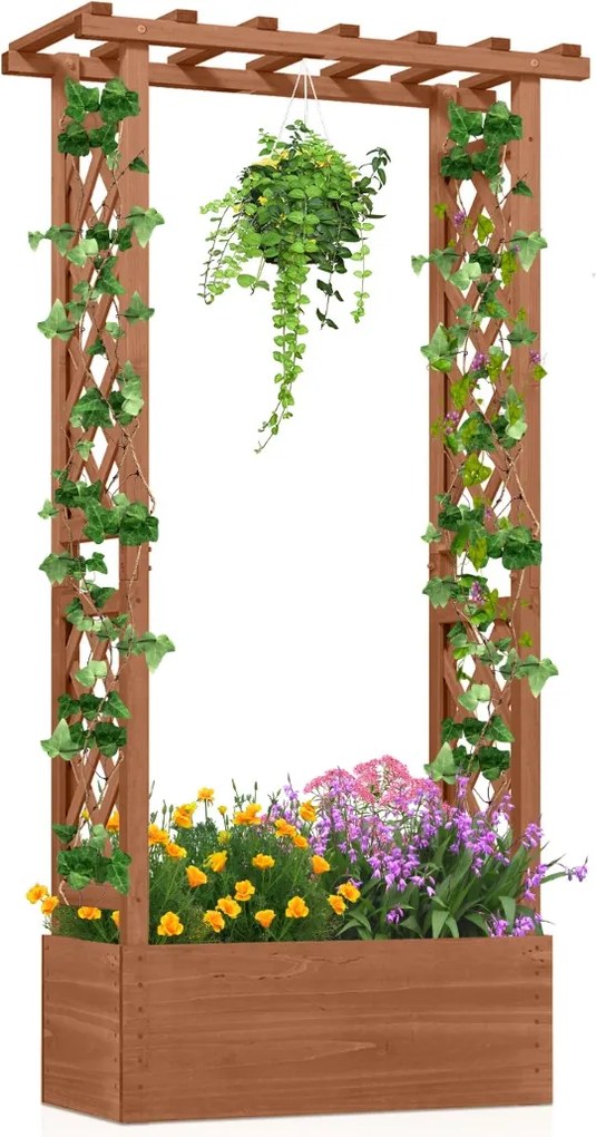 Floreira elevada em madeira de abeto com treliça 78 x 36 x 152 cm, tampa suspensa, 2 orifícios de drenagem e 2 painéis para jardim, terraço ou pátio c