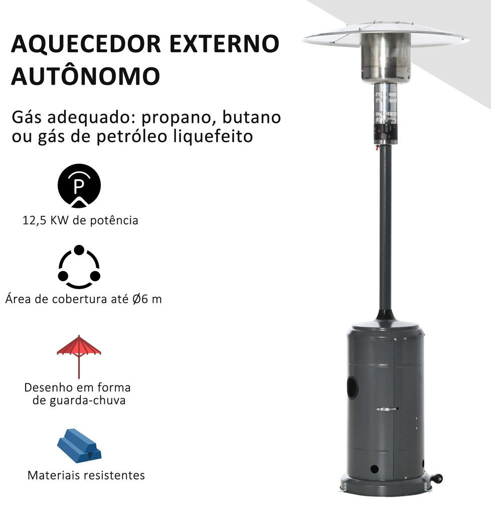 Aquecedor a Gás para Exterior – Ø81,5x225 cm | 12,5KW, Tipo Guarda-Sol