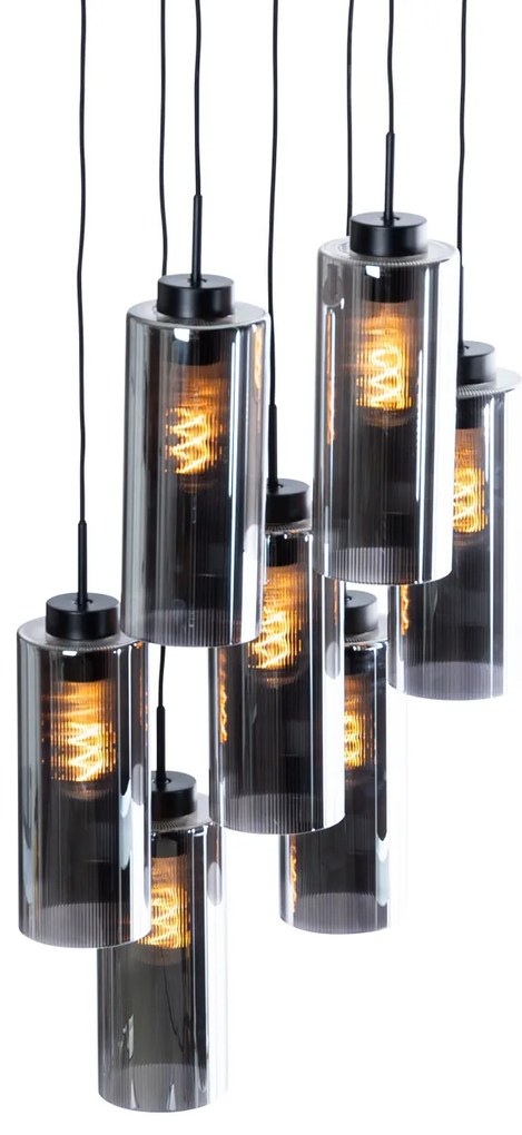 Candeeiro de suspensão Art Deco preto com vidro fumê 7 luzes - Laura Art Deco