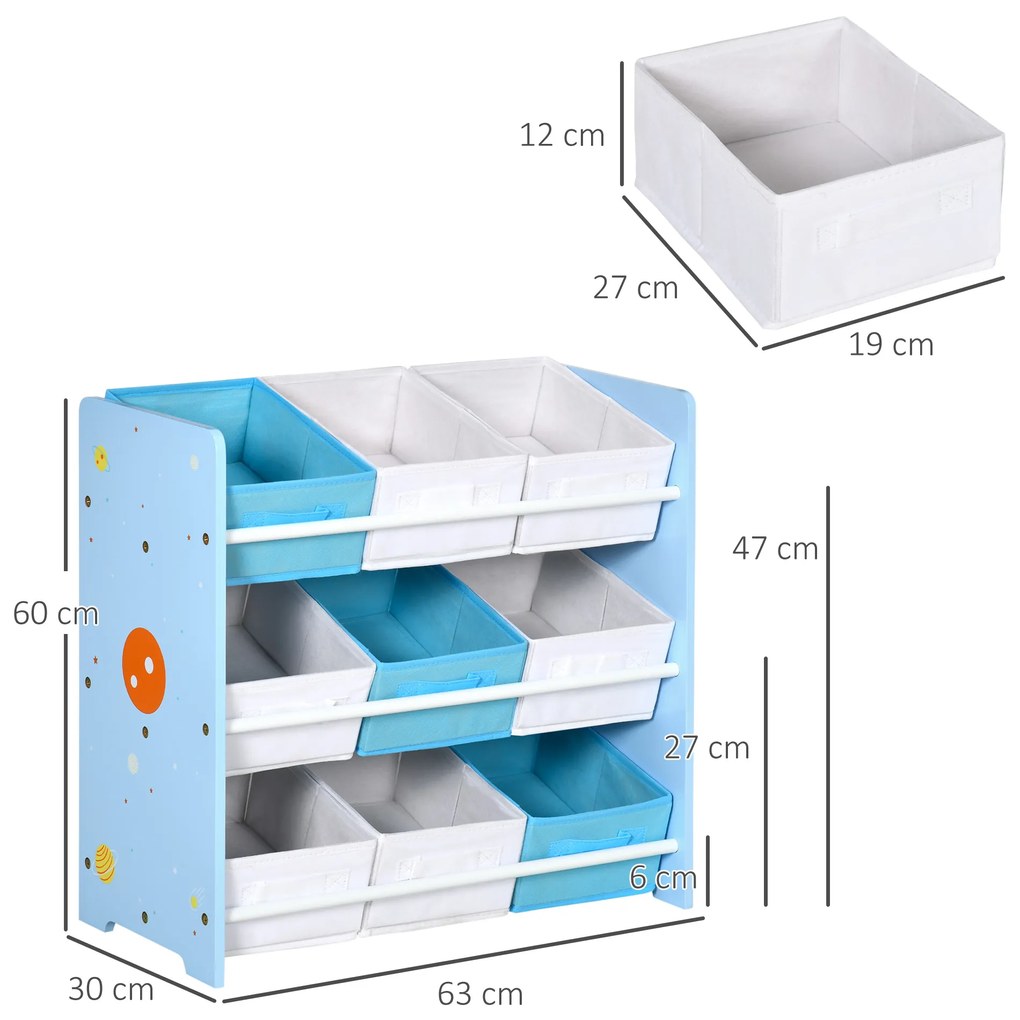 Estante para Brinquedos com 9 Caixas de Tecido não Tecido Amovíveis Organizador de Brinquedos 63x30x60 cm Azul