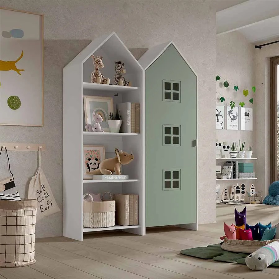 Conjunto 1 armario Guarda Roupa infantil + estante infantil coleção CASAMI Branco e Verde
