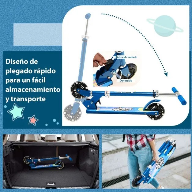 Trotinete dobrável para crianças com 2 rodas intermitentes Guiador ajustável Sistema de travão traseiro Azul