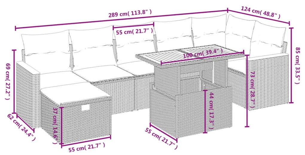 8 pcs conjunto de sofás p/ jardim com almofadões vime PE bege