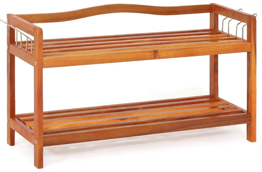 Sapateira de 2 níveis para sapatos 74 x 26 x 42 cm em madeira de acácia com 4 ganchos metálicos laterais Castanho