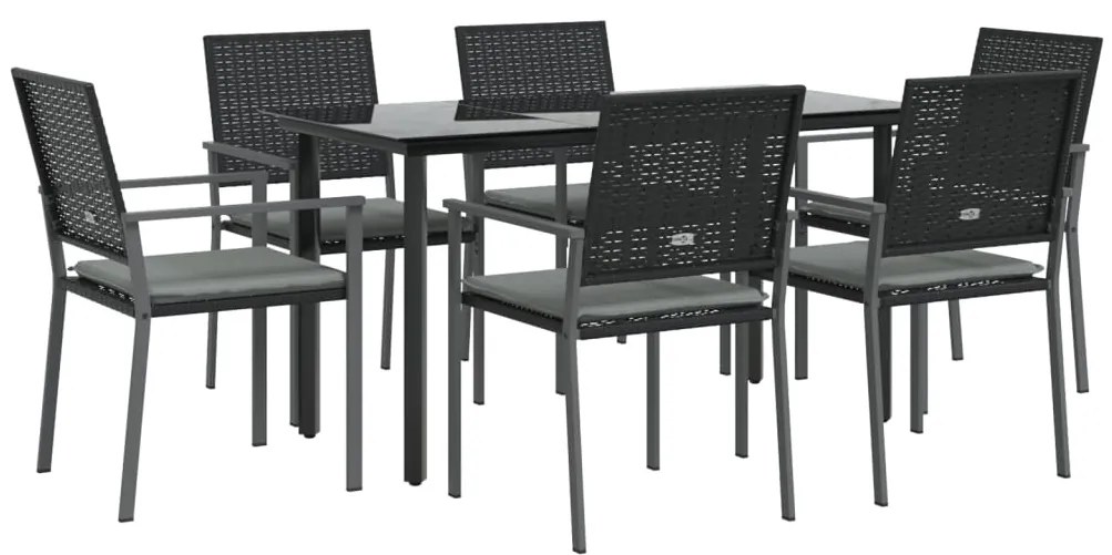 7 pcs conjunto de jantar p/ jardim c/ almofadões vime PE e aço