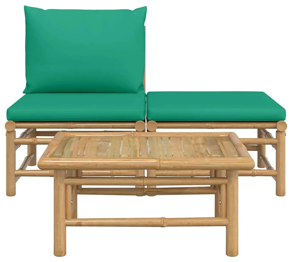 3 pcs conjunto lounge de jardim bambu c/ almofadões verdes