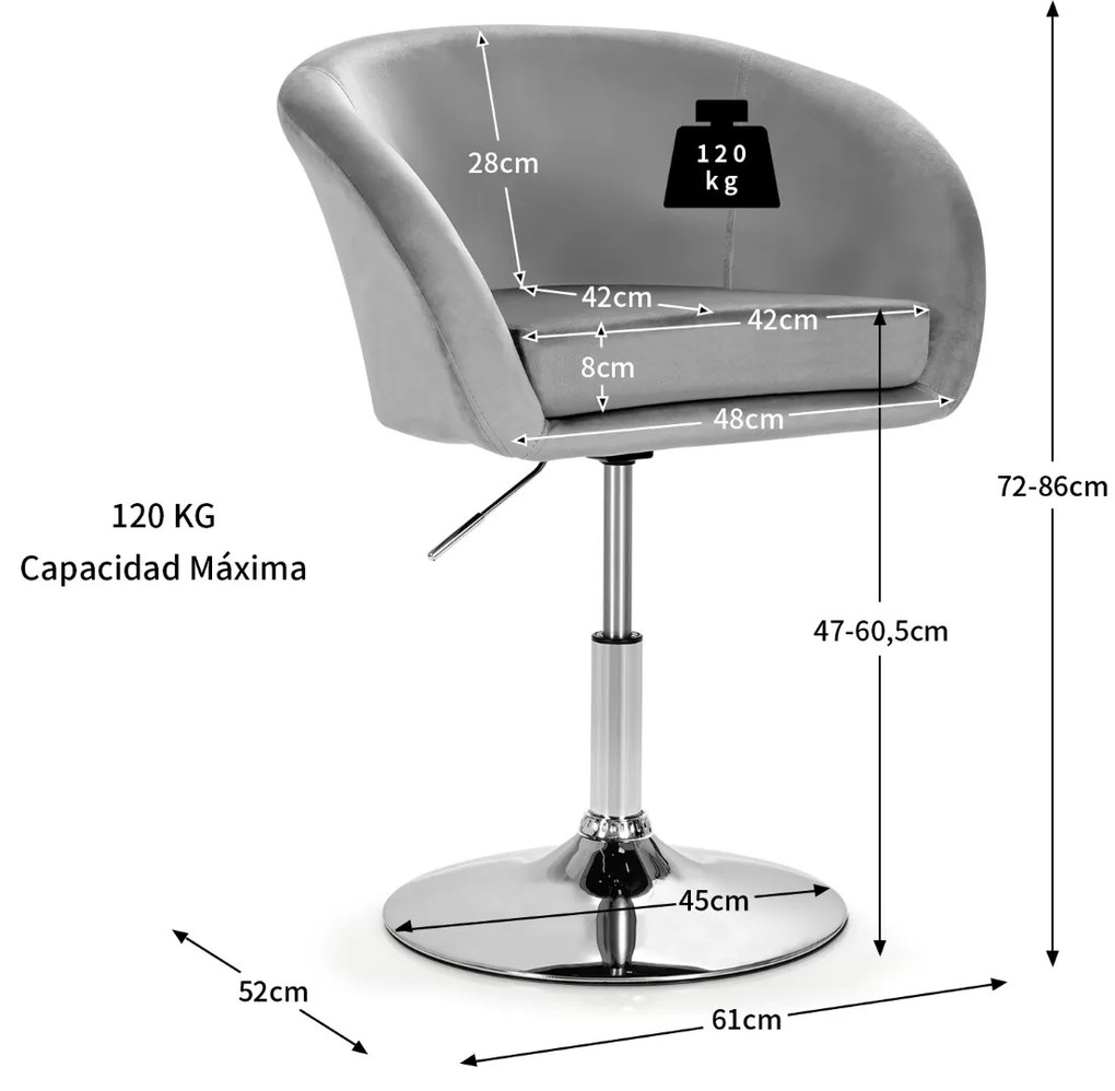 Cadeira de bar giratória de veludo com encosto regulável em altura Banco de lazer com esponja elástica 61 x 52 x 72-86 cm Cinzento