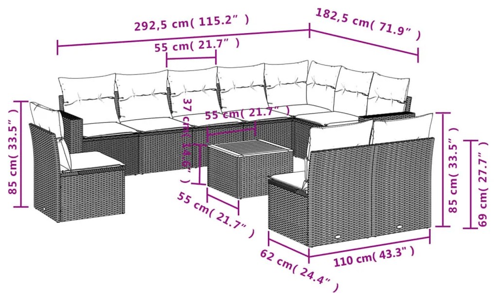 11 pcs conjunto sofás de jardim c/ almofadões vime PE bege