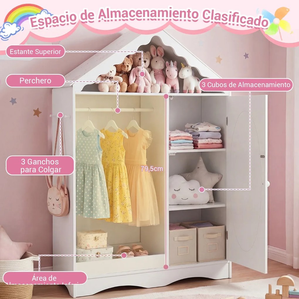 Guarda Roupa infantil 85,5 x 30 x 121 cm com telhado e espelho, com barra para pendurar prateleiras e ganchos, para quarto, sala de jogos, branco