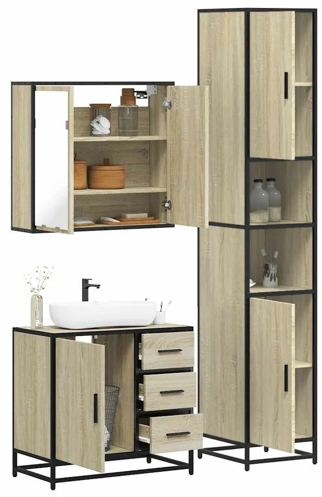 vidaXL 3 pcs conj. móveis casa banho derivados madeira carvalho sonoma