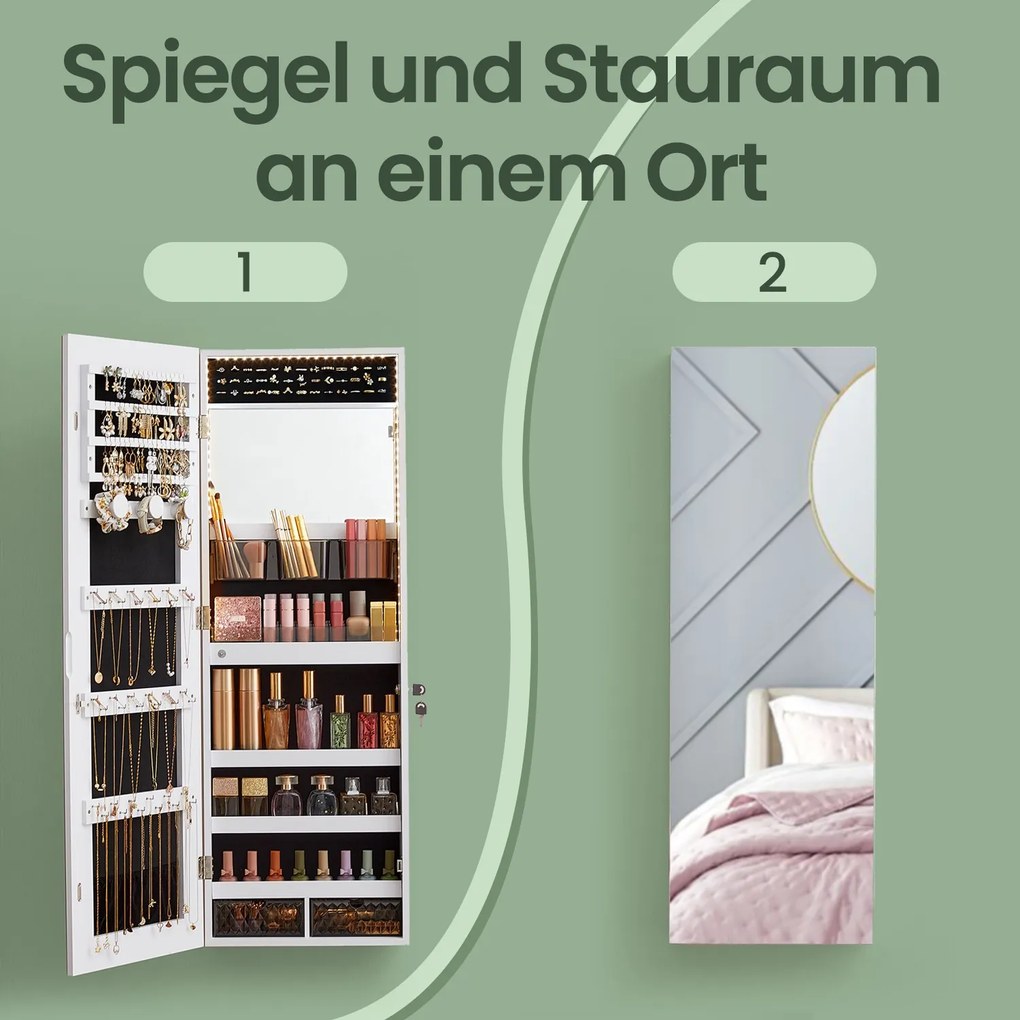 Armário para joias com espelho iluminação LED 9,8 x 37,6 x 108,1 cm, com fechadura, organizador de joias Branco