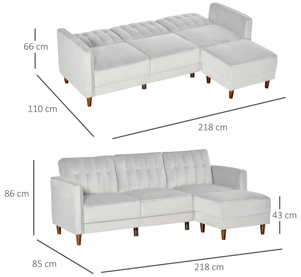 Sofá Cama com Chaise Longue de 3 Lugares Tato Aveludado com Encosto Ajustável e Apoio para os Pés Móvel 218x85x86cm Cinza Claro