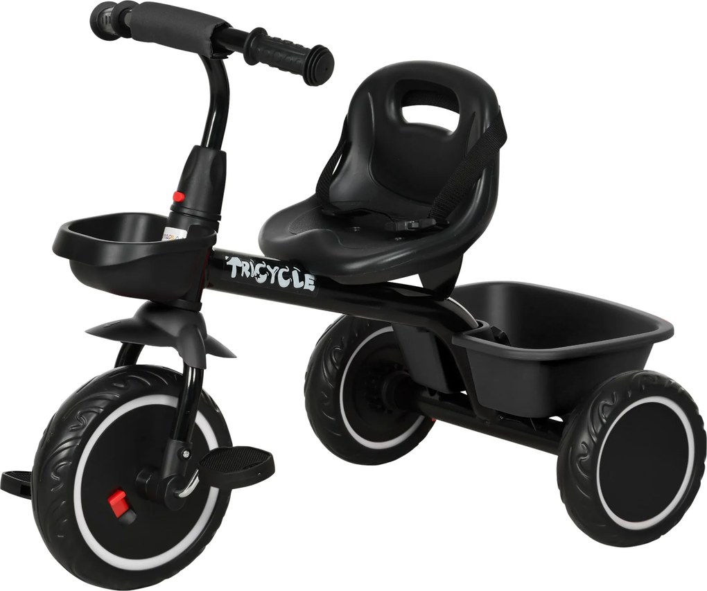 Triciclo evolutivo para crianças com assento ajustável, pedais, 2 cestos e cinto de segurança, para crianças dos 2 aos 5 anos, preto