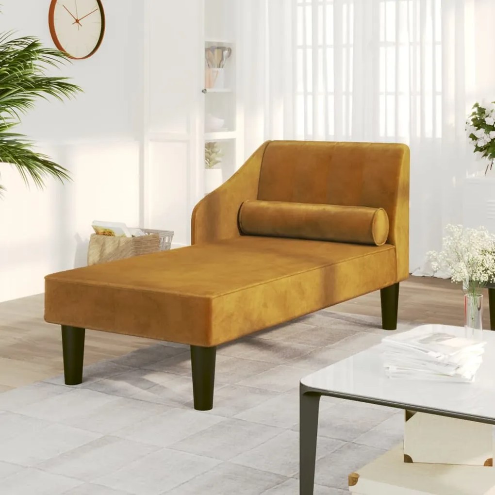 vidaXL Chaise longue com rolo veludo castanho