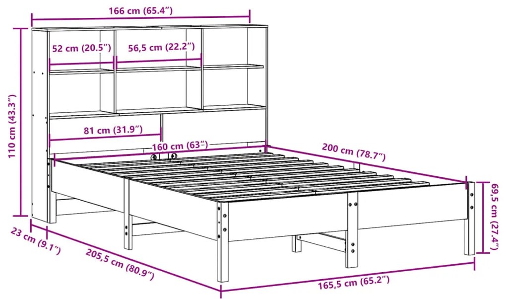 Cama com estante sem colchão 160x200 cm pinho maciço branco