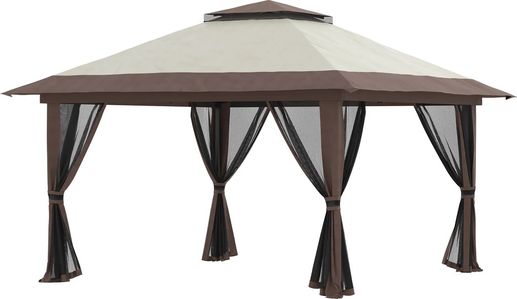 Outsunny Tenda Dobrável Pop-Up 3,9x3,9 m Tenda de Jardim com Altura Ajustável Proteção UV50+ Rede Mosquiteira Bege e Castanho | Aosom Portugal