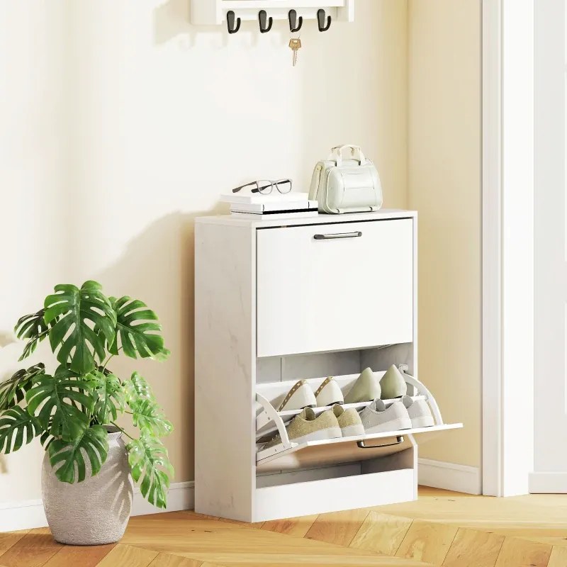 Sapateira Estreita 2 Portas de Alto Brilho 60x24x80 cm com Prateleiras Ajustáveis Design Mármore para 8 Pares de Sapatos Branco