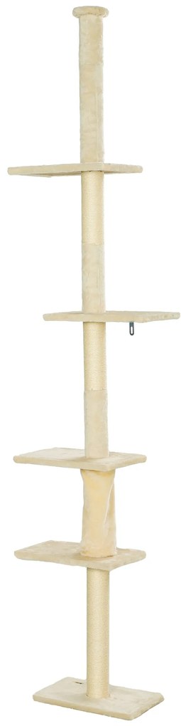 PawHut Arranhador para Gatos do Chão ao Teto 225-275 cm Torre para Gatos com Múltiplas Plataformas Sistema Anti-Tombo Creme