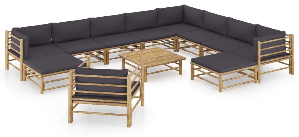 vidaXL 12 pcs conj. lounge jardim em bambu c/ almofadões cinza-escuro